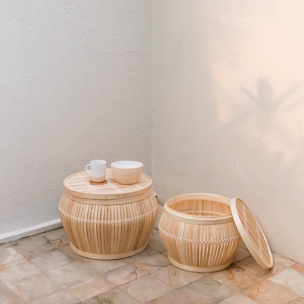 Beige bamboo basket side table