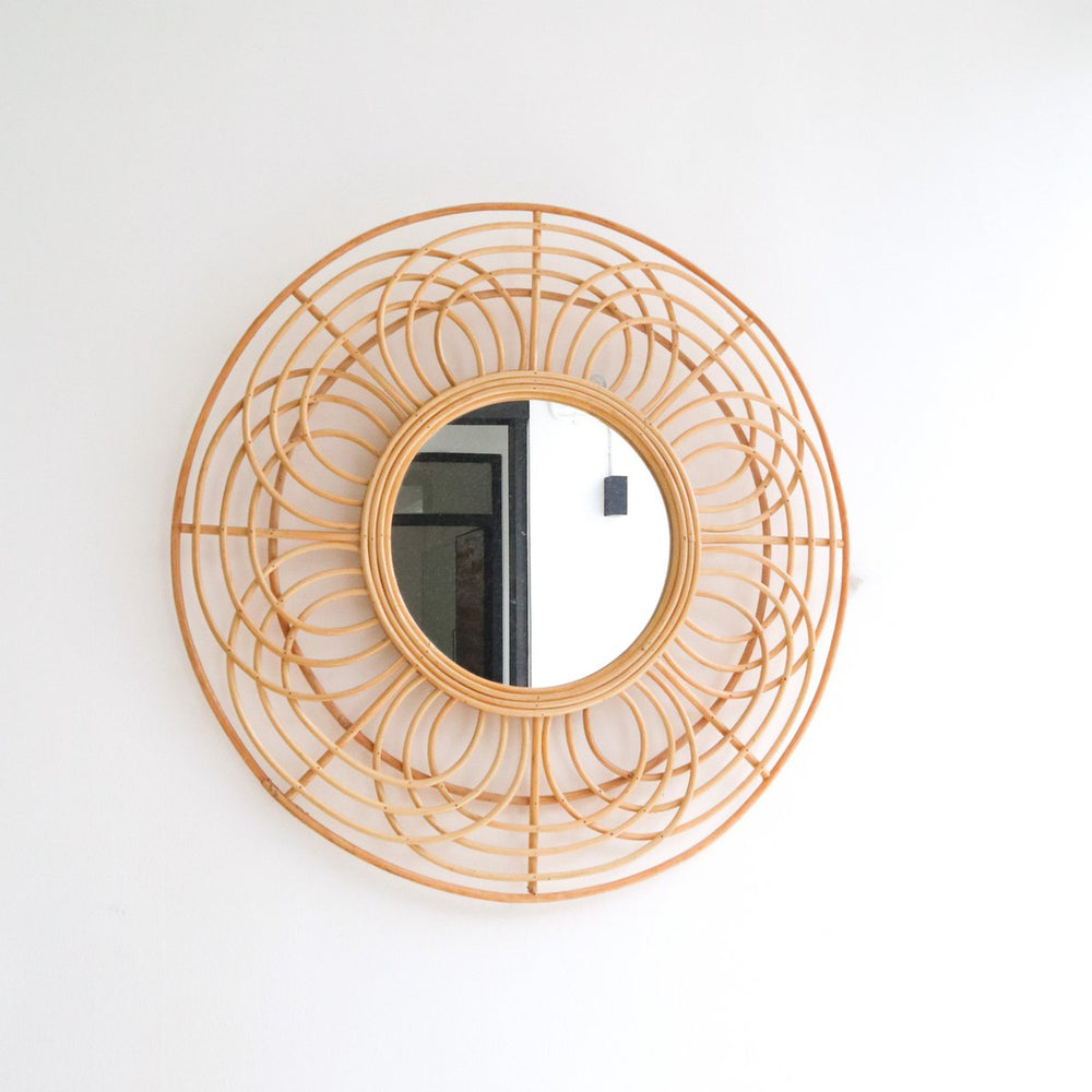 Beige rattan round wall mirror