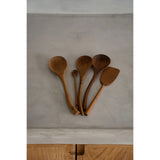 Brown teak wood serving spoon with curved handle