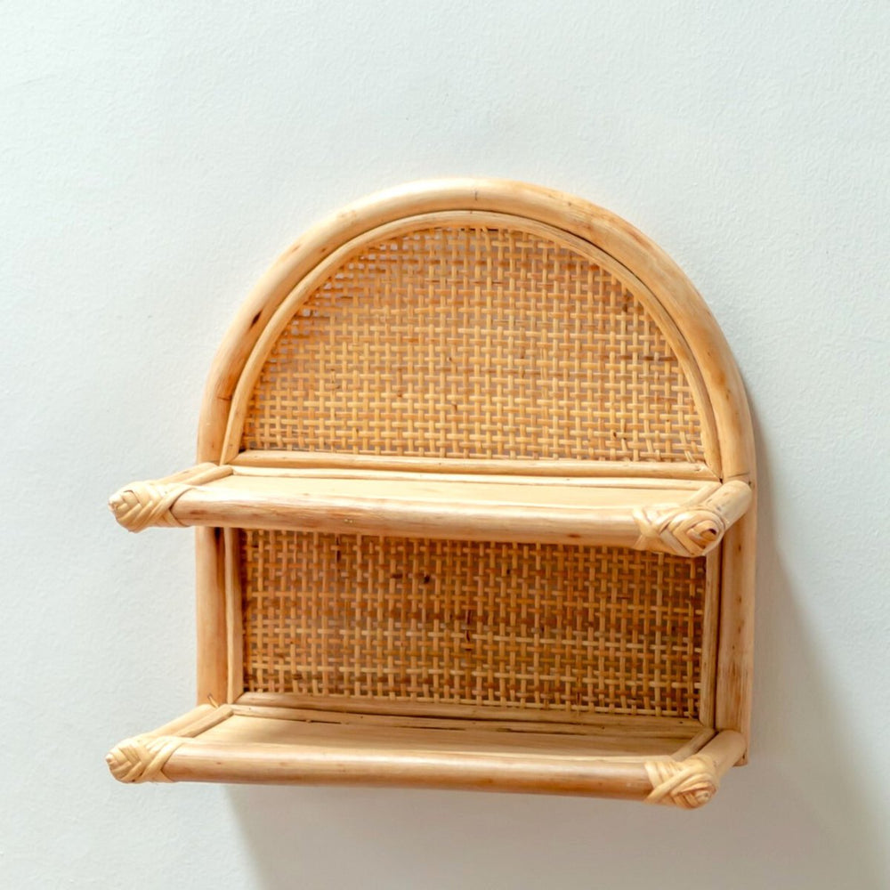 Beige rattan hanging wall shelf