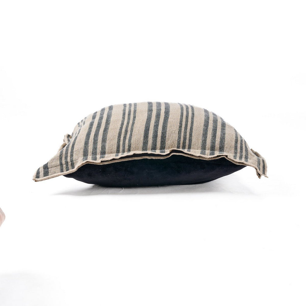 Natural black striped linen and velvet cushion cover