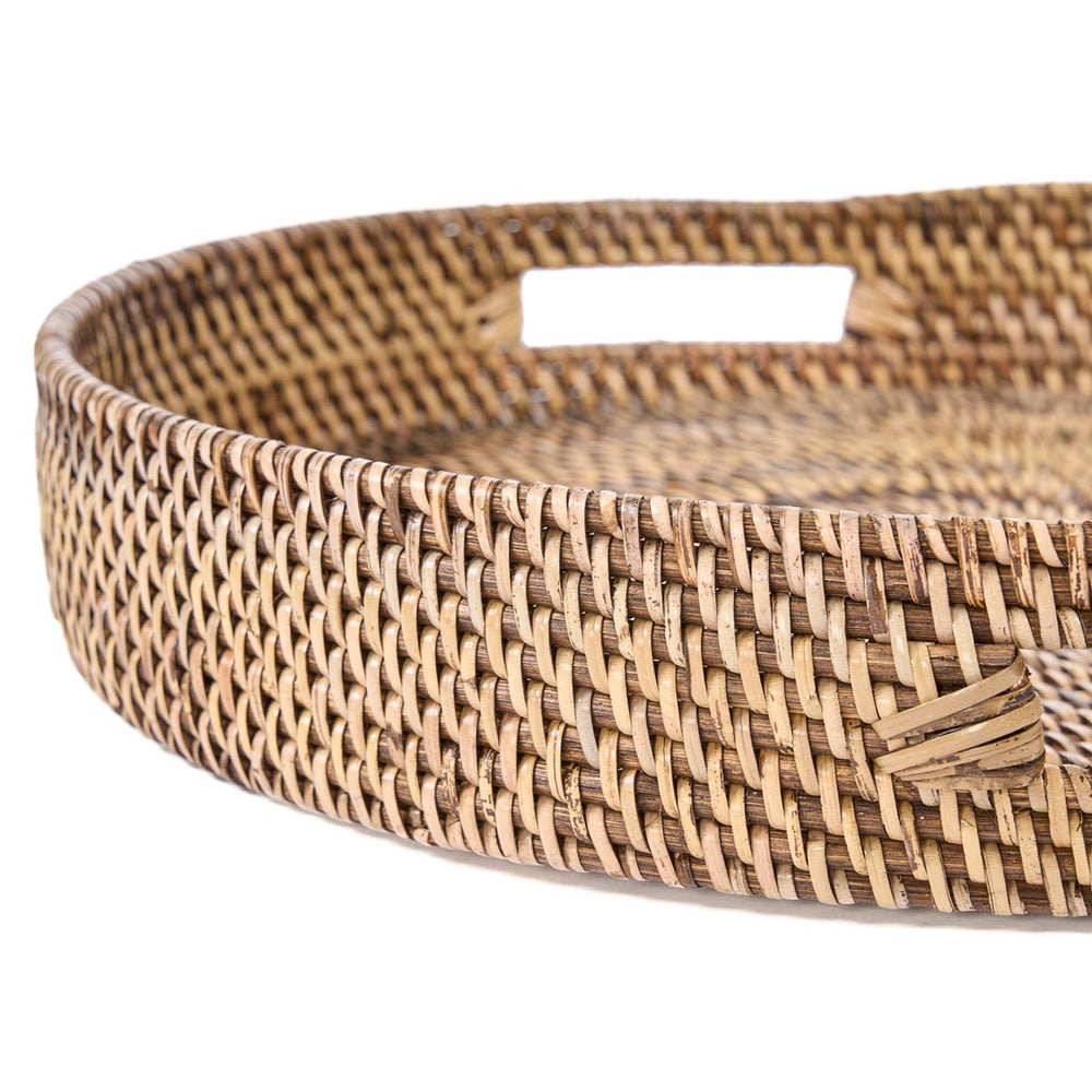 Natural brown woven rattan serving tray with cut-out handles