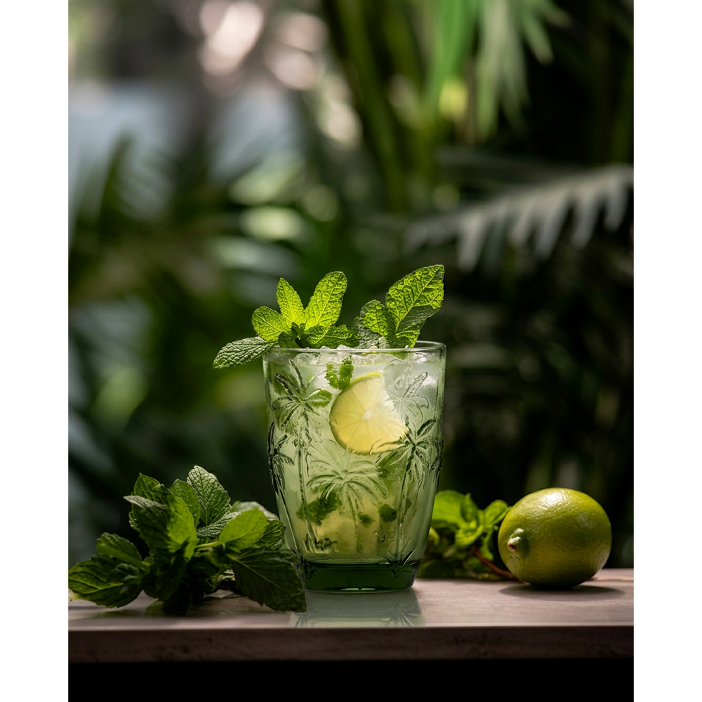 Green frosted glass water glass with embossed palm trees