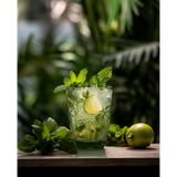 Green frosted glass water glass with embossed palm trees