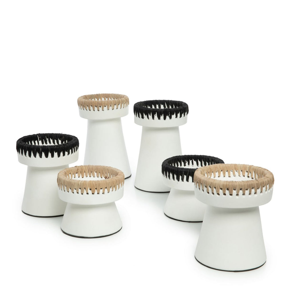 White and black terracotta candle holder with raffia trim