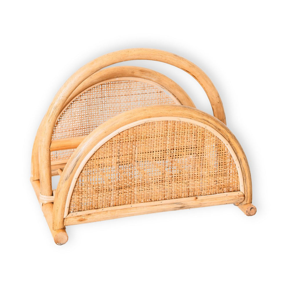 Beige woven rattan newspaper rack with handle