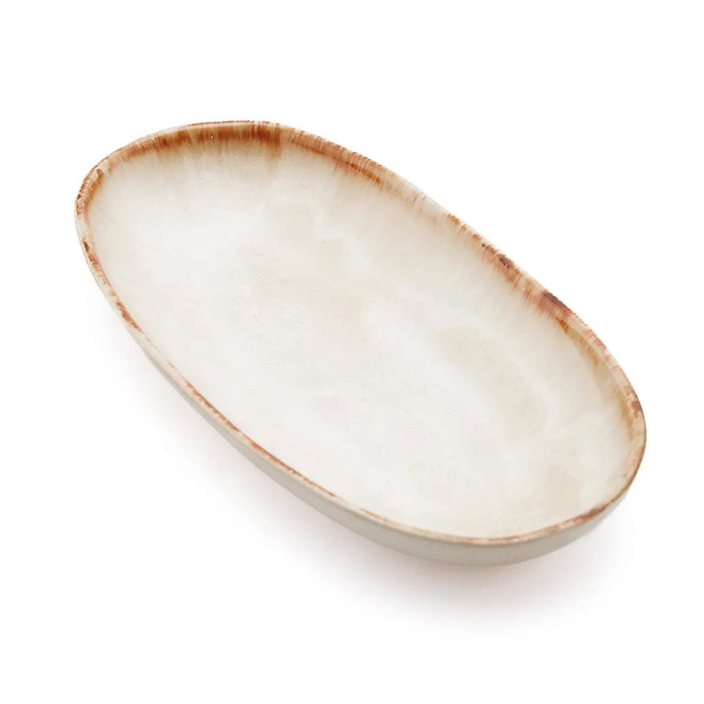 White stoneware oval plate with gold accent