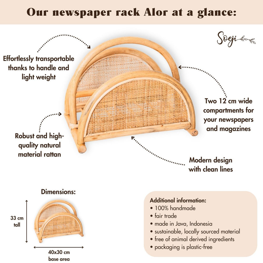 Beige woven rattan newspaper rack with handle
