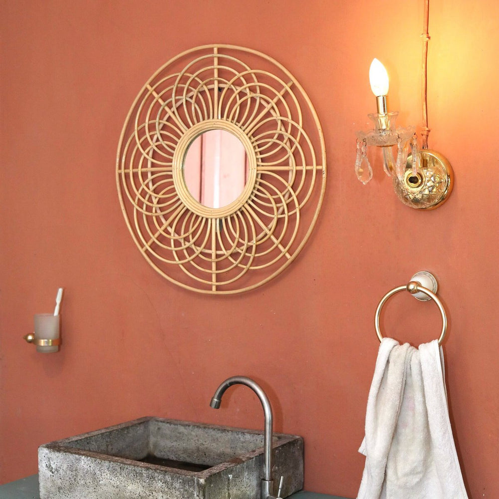 Beige rattan round wall mirror