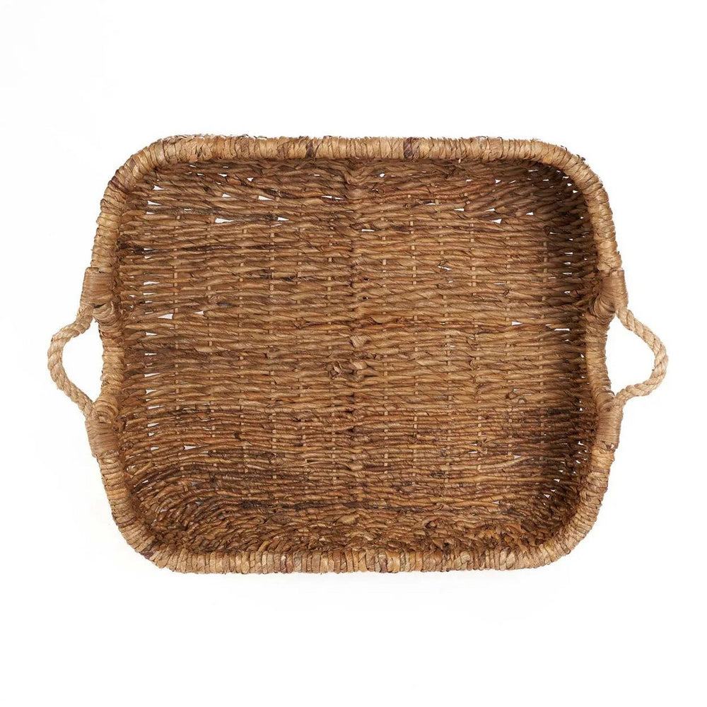 Brown woven palm leaf storage basket with handles