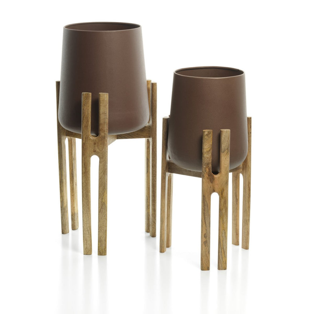 Brown concrete planter on mango wood forked-root stand