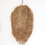 Beige handwoven raffia leaf-shaped wall decor