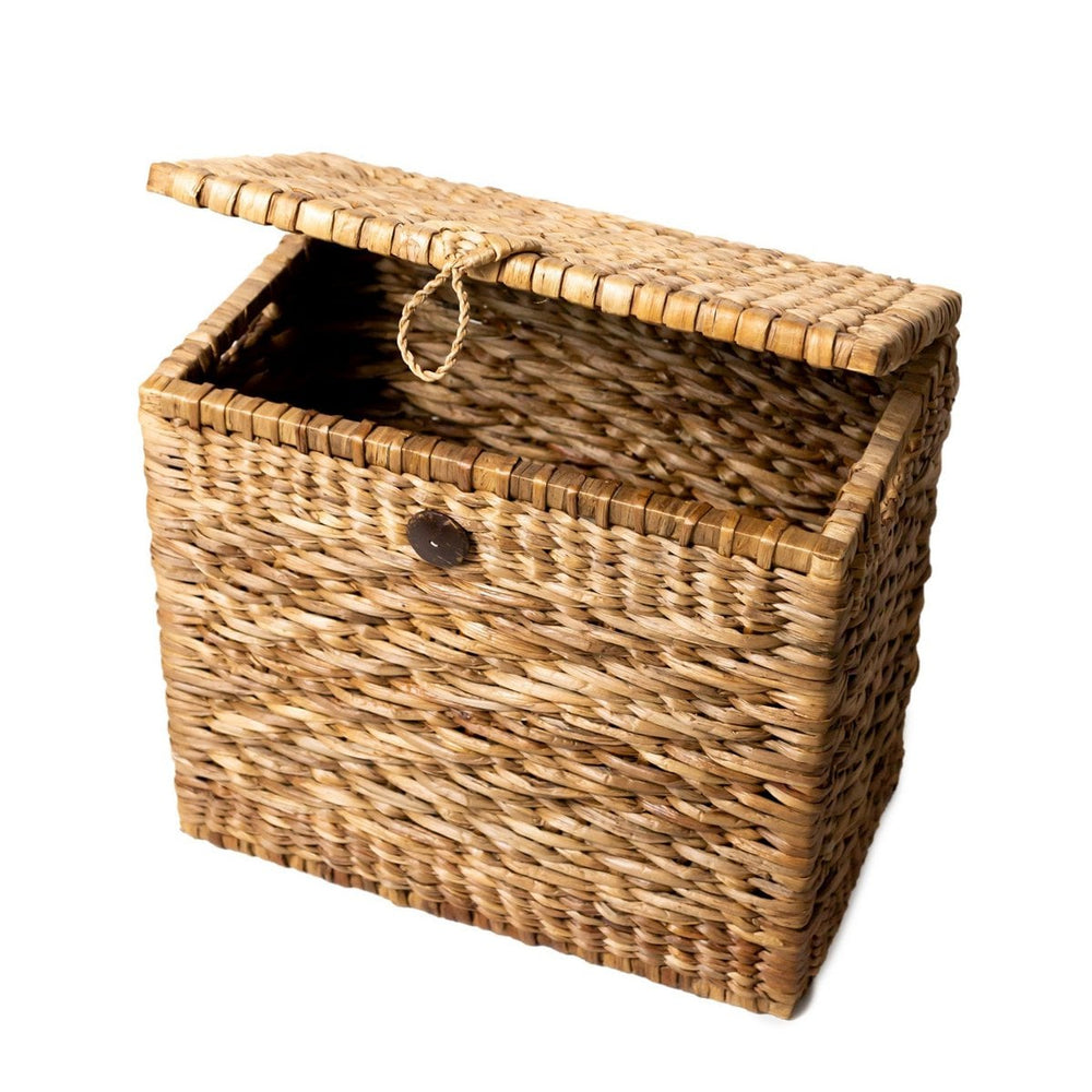 Brown water hyacinth trunk basket with hinged lid