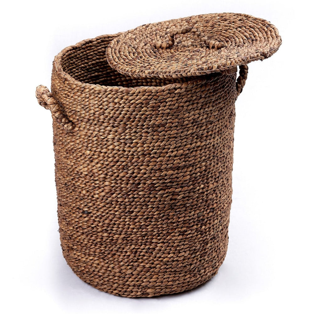 Brown woven water hyacinth storage basket with lid