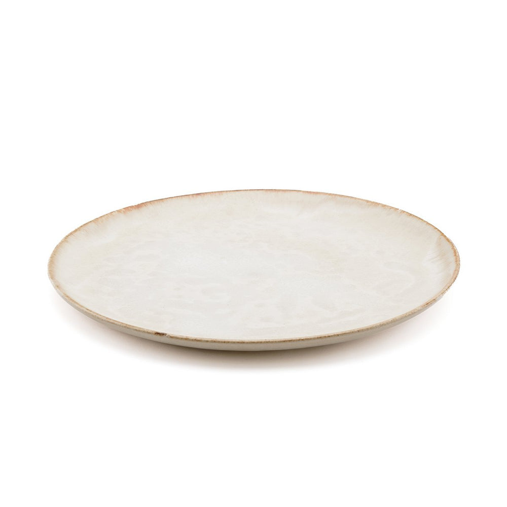 White stoneware dinner plate with burnt-umber rim