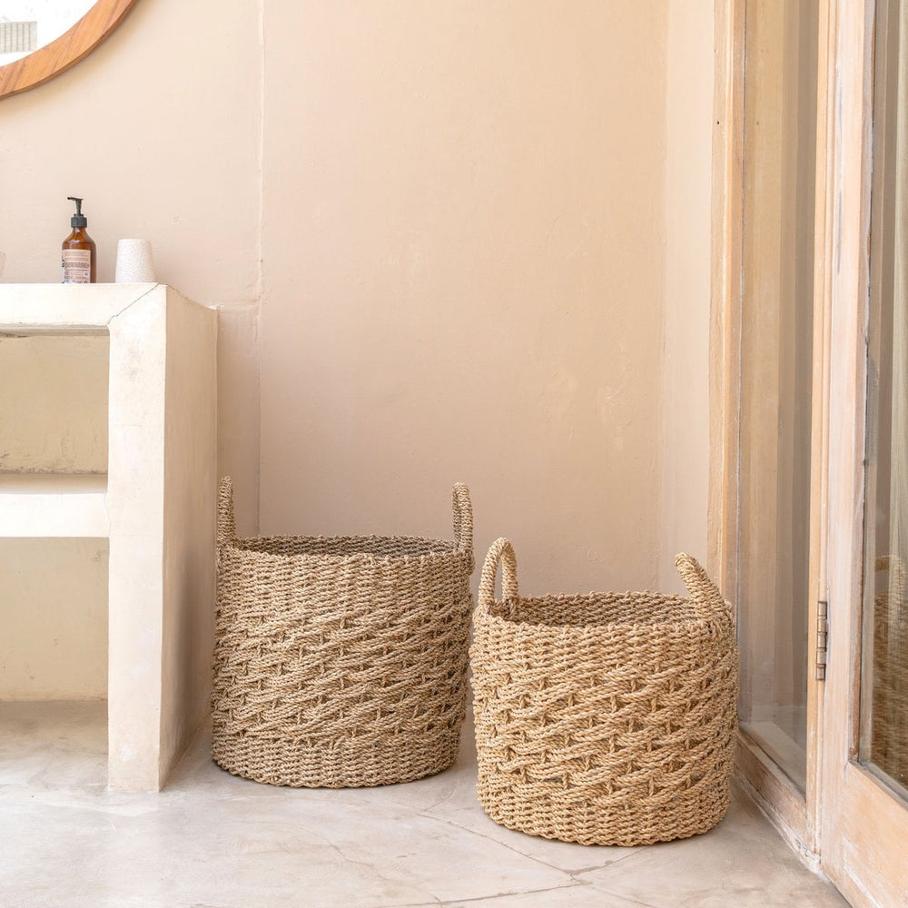 Beige woven seagrass storage basket