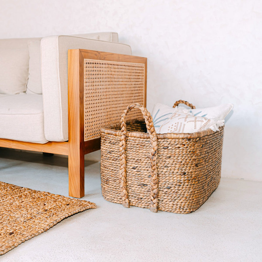 Beige woven water hyacinth laundry basket