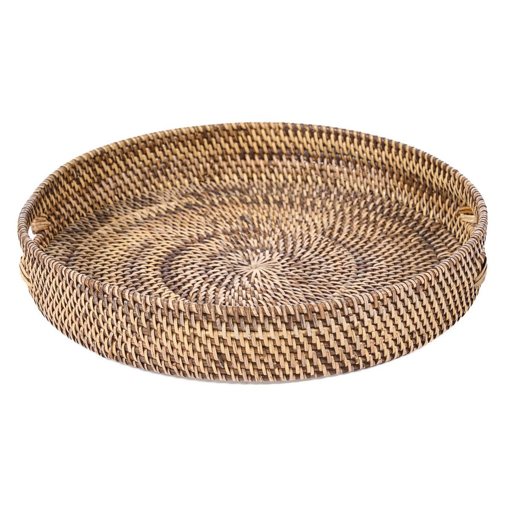 Natural brown woven rattan serving tray with cut-out handles