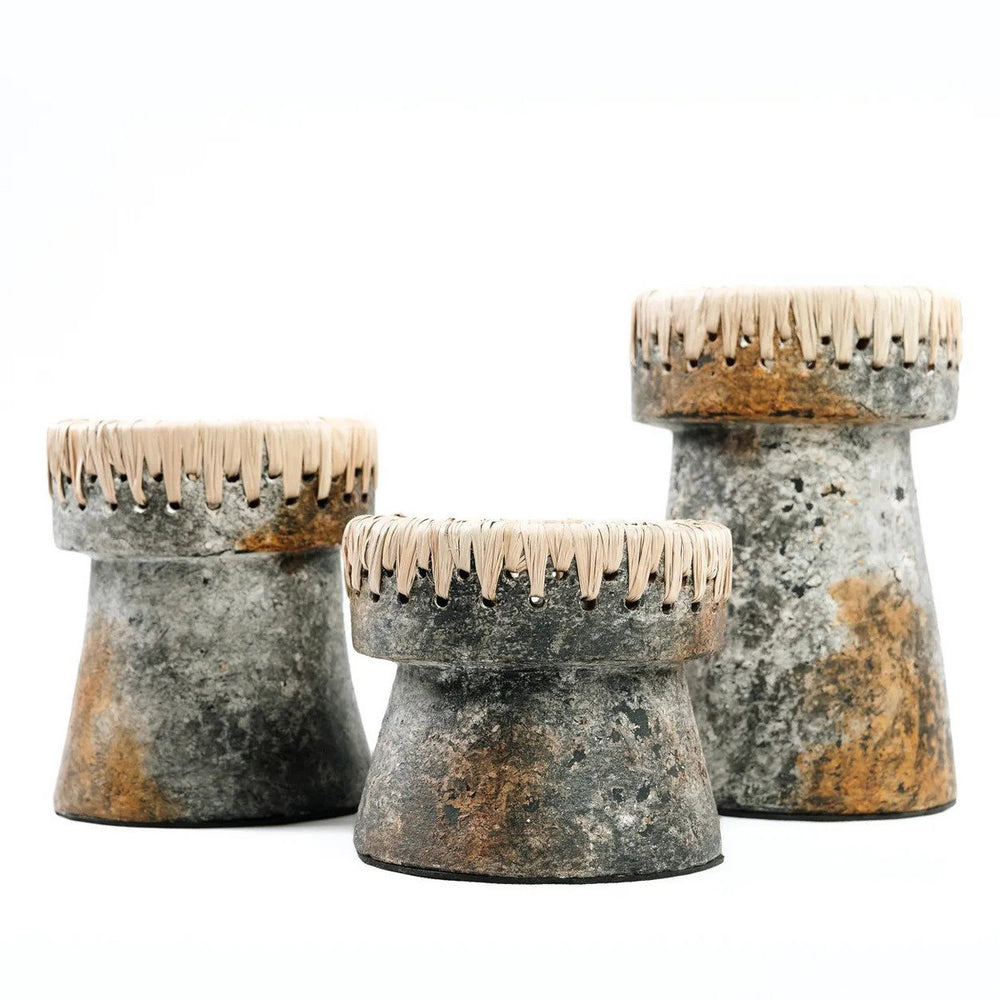 Antique grey terracotta candle holder with raffia accent