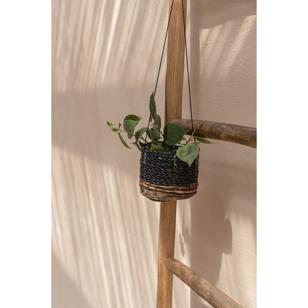 Black woven banana leaf hanging plant basket