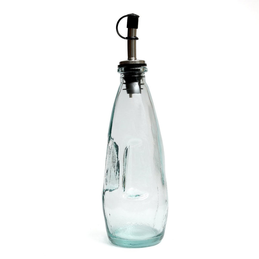 Blue recycled glass olive oil bottle with metal spout